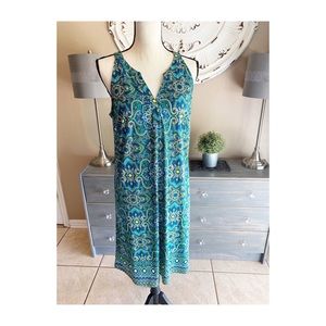 Tacera Silky Sleeveless Dress Green Blue Print Med
